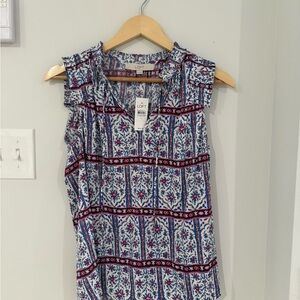 LOFT Blue, White and Burgundy Floral Print Ruffle Camisole